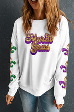 Load image into Gallery viewer, Beige Sequin Mardi Gras Patched Pattern Fleur de Lis Sleeve Sweatshirt