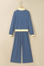 Load image into Gallery viewer, Blue Stripe Color Block Patchwork Zip V Neck Pullover Loose Pants 2pcs Set