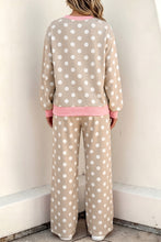 Load image into Gallery viewer, Khaki Polka Dot Contrast Trim Long Sleeve Top Drawstring Shift Pants Set