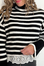 Load image into Gallery viewer, Black Striped High Neck Contrast Ruffle Detail Casual Sweater