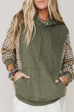Load image into Gallery viewer, Black Plaid Sleeve Drawstring Pocket Hooded Sweatshirt