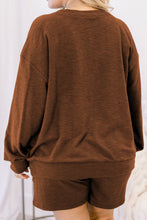Load image into Gallery viewer, Chestnut Drop Shoulder Long Sleeve Top Elastic Waist Shorts Plus Size Set