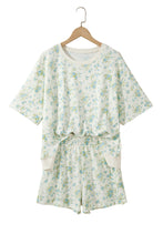 Load image into Gallery viewer, Sky Blue Floral Print Short Sleeve Elastic Waist Pocket Two Piece Set