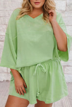 Load image into Gallery viewer, Meadow Mist Green Plus Size V Neck Drop Shoulder Tee Loose Shorts 2pcs Outfit