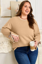 Load image into Gallery viewer, Tan Plus Size Leopard Bow Decor Split Cuffs Loose Sweater