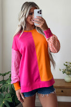 Load image into Gallery viewer, Rose Red Colorblock Gingham Sleeve Crewneck Sweatshirt