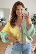 Load image into Gallery viewer, Yellow V Neck Drop Shoulder Patchwork Regular Wash Knitwear Cardigan