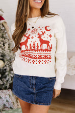 Load image into Gallery viewer, Beige Pixel Snowflake Reindeer Christmas Round Neck Casual Sweater