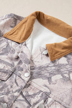 Load image into Gallery viewer, Gray Abstract Camo Print Colorblock Collar Oversized Shift Silhouette Denim Jacket