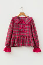 Load image into Gallery viewer, Red Plaid Tie Neck Ruffle Cuffs Long Sleeve Shift Blouse