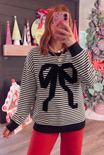 Load image into Gallery viewer, Black Stripe Velvet Bow Pattern Dropped Shoulder Loose Sweatshirt