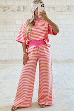 Load image into Gallery viewer, Pink Stripe Colorblock Trim Crew Neck Loose Tee Drawstring Elastic Waist 2pcs Pant Set