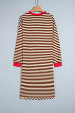 Load image into Gallery viewer, Brown Stripe Striped Colorblock Cuffs Round Neck Long Sleeve Shift Dress