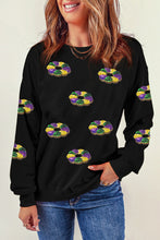 Load image into Gallery viewer, Black Sequined Donuts of Mardi Gras Colors Drop Shoulder Sweatshirt