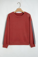 Load image into Gallery viewer, Mineral Red Checkered Trim Long Sleeve Round Neck Shift Sweatshirt