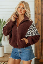 Load image into Gallery viewer, Coffee Leopard Patchwork Fleece Western Style Zip-up Collar Jacket