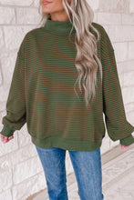 Load image into Gallery viewer, Green Stripe Ribbed Color Block Mock Neck Oversized Sweatshirt
