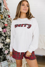 Load image into Gallery viewer, White Plaid Merry Slogan Embroidered Pocket Long Sleeve Shift Lounge Set