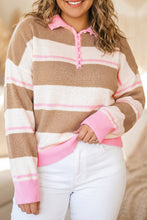 Load image into Gallery viewer, Pink Stripe Striped Colorblock V Neck Long Sleeve Tunic Sweater