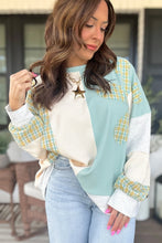 Load image into Gallery viewer, Light Blue Plaid Patchwork Round Neck Long Sleeve Top