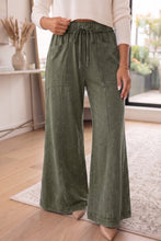 Load image into Gallery viewer, Jungle Green Mineral Wash Seam Detail Flare Leg Drawstring Pants