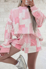 Load image into Gallery viewer, Light Pink Patchwork Floral Print Drop Shoulder Baggy Pullover Drawstring Shorts Set