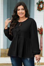 Load image into Gallery viewer, Black Solid Color Bow Tie Front Long Sleeve Plus Size Peplum Blouse