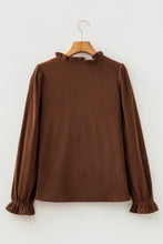 Load image into Gallery viewer, Coffee Solid Color Ruffle Trim V Neck Long Sleeve Button Corduroy Shakcet