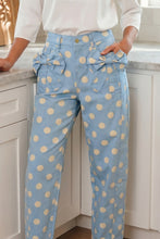 Load image into Gallery viewer, Sky Blue Polka Dot Print Bow Detail Pocketed Barrel Jeans