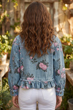 Load image into Gallery viewer, Sky Blue Floral Print Raw Seam Ruffle Hem Denim Jacket
