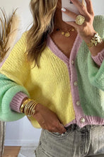 Load image into Gallery viewer, Yellow V Neck Drop Shoulder Patchwork Regular Wash Knitwear Cardigan