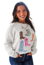Load image into Gallery viewer, White Western Boots Embroidered Graphic Drop Shoulder Pullover Sweater