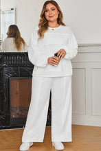Load image into Gallery viewer, White Textured Raw Seam Plus Size Pullover Top and Drawstring Pants Set