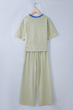 Load image into Gallery viewer, Pink Stripe Colorblock Trim Crew Neck Loose Tee Drawstring Elastic Waist 2pcs Pant Set