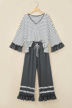 Load image into Gallery viewer, Gray Stripe V Neck Ruffle Contrast Sleeve Top Drawstring Pants 2pcs Set