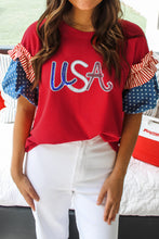 Load image into Gallery viewer, Fiery Red Sequin USA Lettering Patriotic Contrast Splicing Sleeve Top