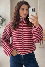 Load image into Gallery viewer, Red Stripe Striped High Neck Zip-up Sweater Long Sleeve Casual Fit Drop Shoulder Open Front Cardigan