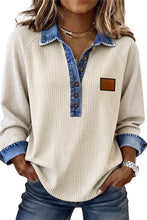 Load image into Gallery viewer, Light Grey Ribbed Denim Colorblock Detail Button Collar Long Sleeve Top