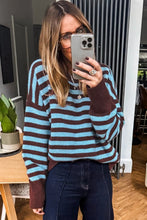 Load image into Gallery viewer, Brown Stripe Color Block Loose Crew Neck Cuffed Sweater