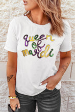 Load image into Gallery viewer, White queen of mardi Sequin Letter Graphic T Shirt