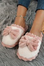 Load image into Gallery viewer, Fushia Bow Decor Color Block Ribbed Plush Slippers