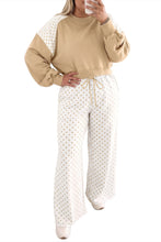Load image into Gallery viewer, Khaki Plus Size Color Block Contrast Polka Dot Long Sleeve Top Drawstring Pants Set