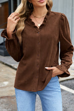 Load image into Gallery viewer, Coffee Solid Color Ruffle Trim V Neck Long Sleeve Button Corduroy Shakcet