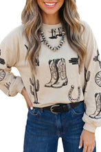 Load image into Gallery viewer, Khaki Western Print Long Sleeve Round Neck Loose Top