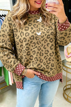 Load image into Gallery viewer, Brown Plus Size Leopard Print Contrast Polka Dot Trim Long Sleeve Top