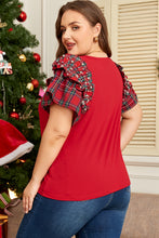 Load image into Gallery viewer, Racing Red Plaid Pearl Ruffled Short Sleeve Knitted Christmas Holiday Plus Size T-shirt