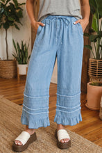 Load image into Gallery viewer, Dusk Blue Ruffled Hem Wide Leg Chambray Pants