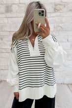 Load image into Gallery viewer, White Stripe Color Block Long Puff Sleeve Metal Zip-Up Collar Top