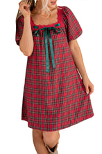 Load image into Gallery viewer, Red Plaid Square Collar Lace Trim Short Sleeve Shift Mini Dress