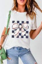 Load image into Gallery viewer, White Checkered Rugby Bowknot Graphic Crew T Shirt